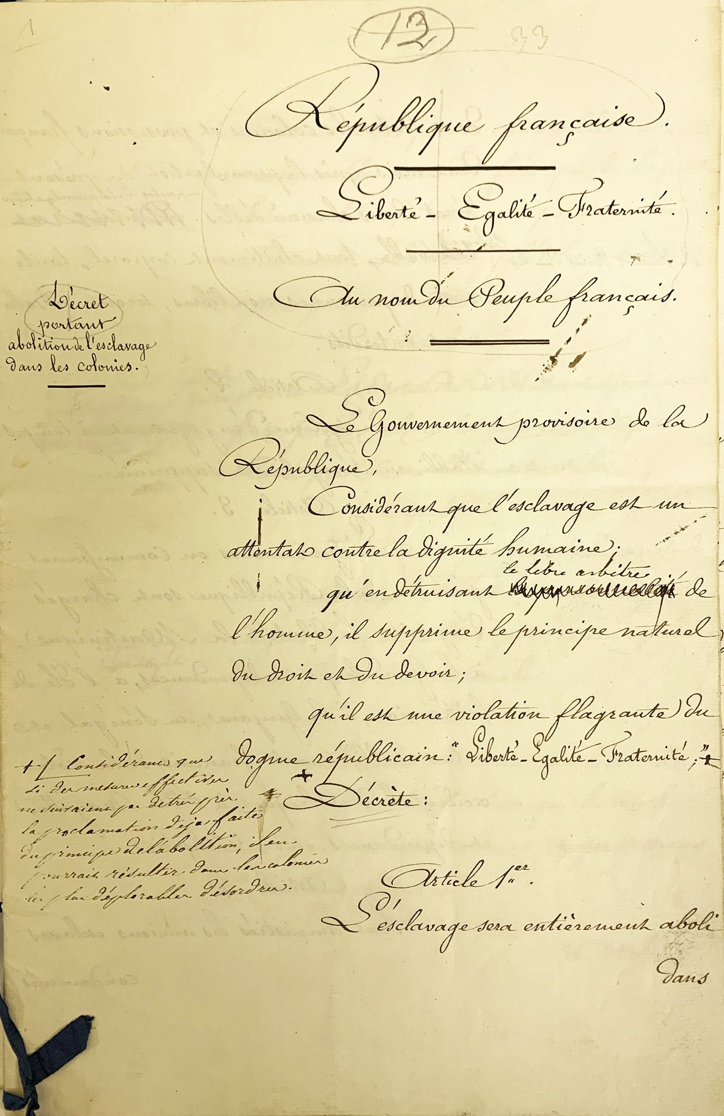 Prototype du décret d'abolition de l'esclavage de 1848